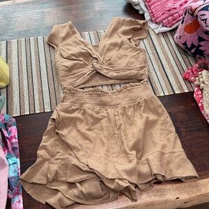 Tan Two-Piece Set with Ruffle Shorts